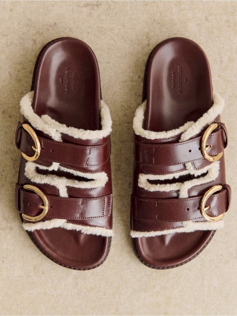 Sezane Women’s Brown Shearling-Trim Slide Sandals size 7 / 38